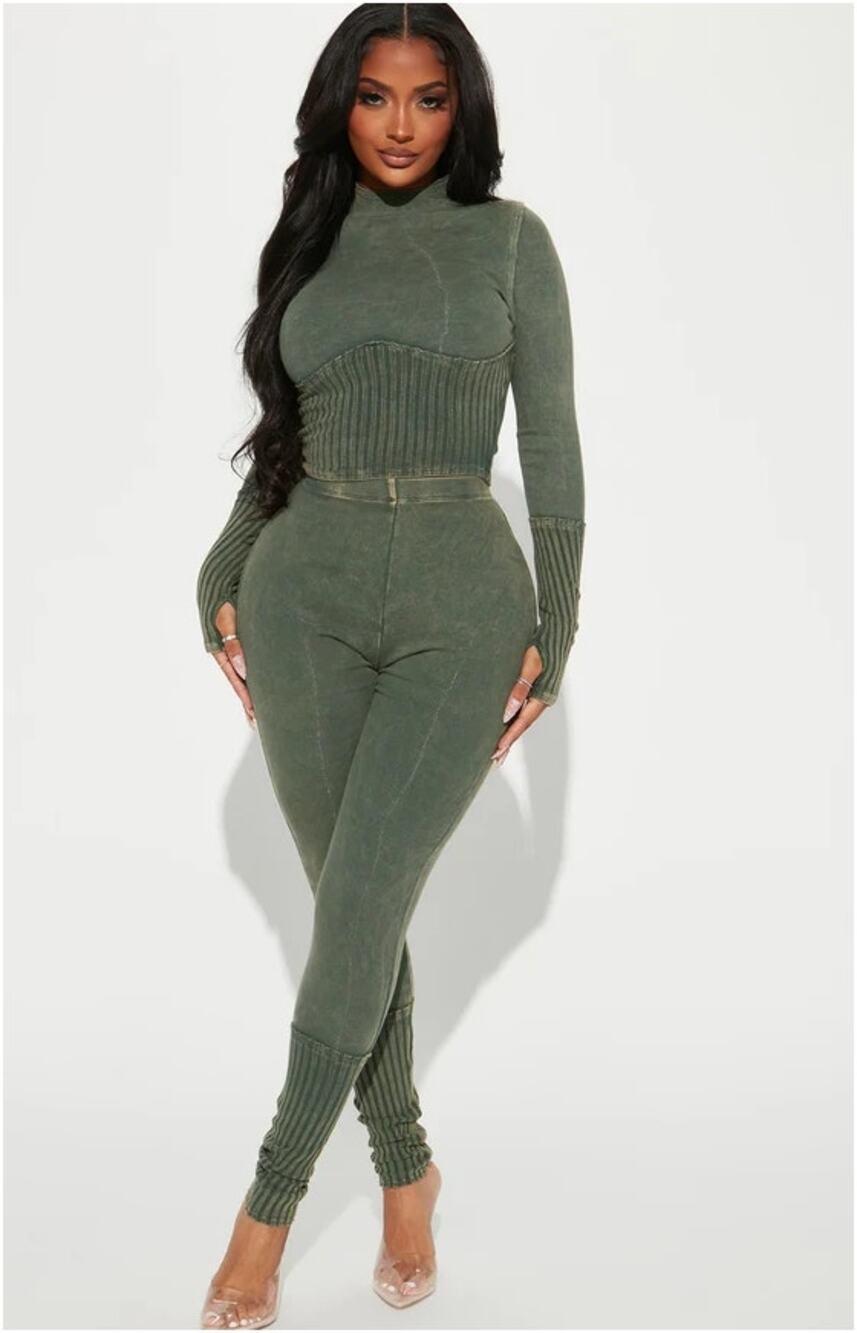 Fashion Nova Always Hanging Out Legging Set Womens Small Olive Ribbed 2 Piece